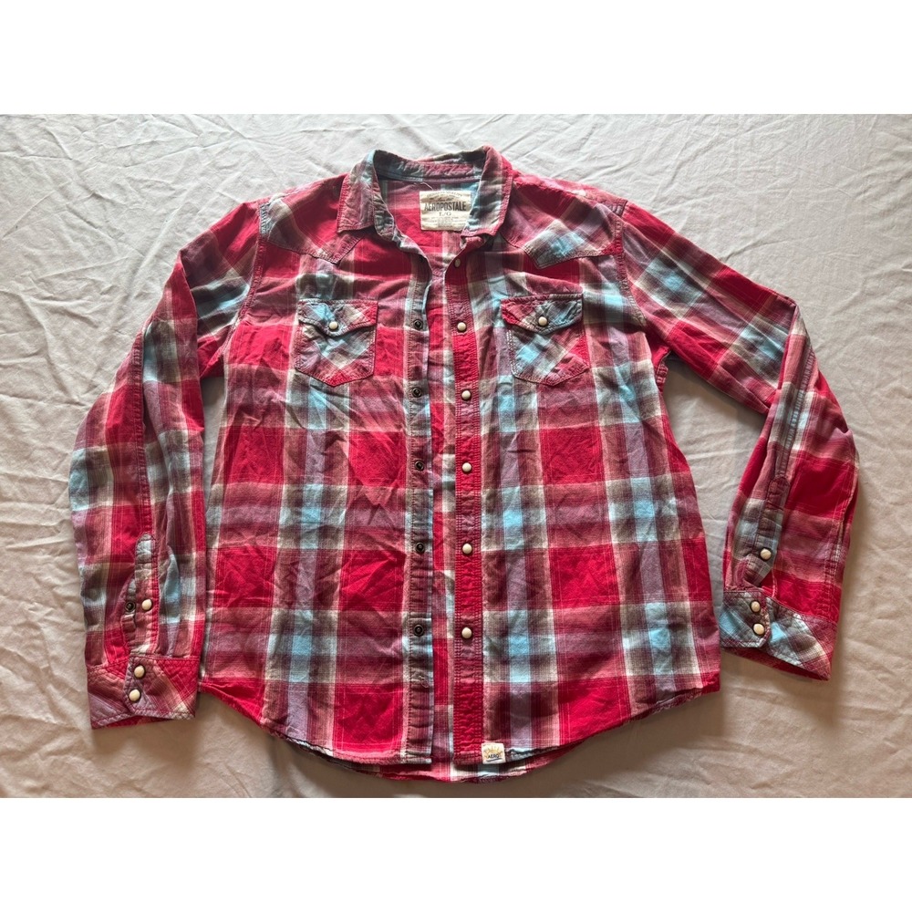 Aeropostale Men's Vintage Button Down Red Plaid‎ Pearl Snaps Western Large Retro